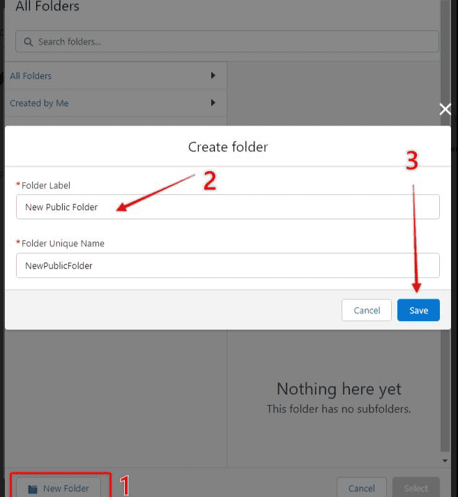 Screenshot of Salesforce Dashboard folder creation.