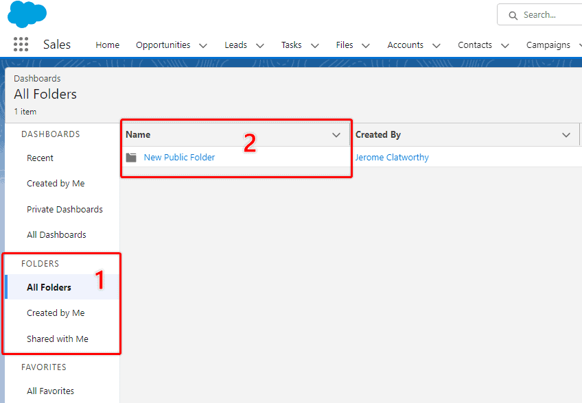 Screenshot of Salesforce Dashboard folder selection screen.