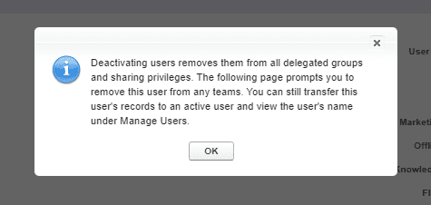 Screenshot of Salesfore User deactivation dialogue box.