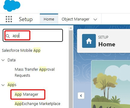 Screenshot of Salesforce set up area and 'App Manager' in the menu highlighted.