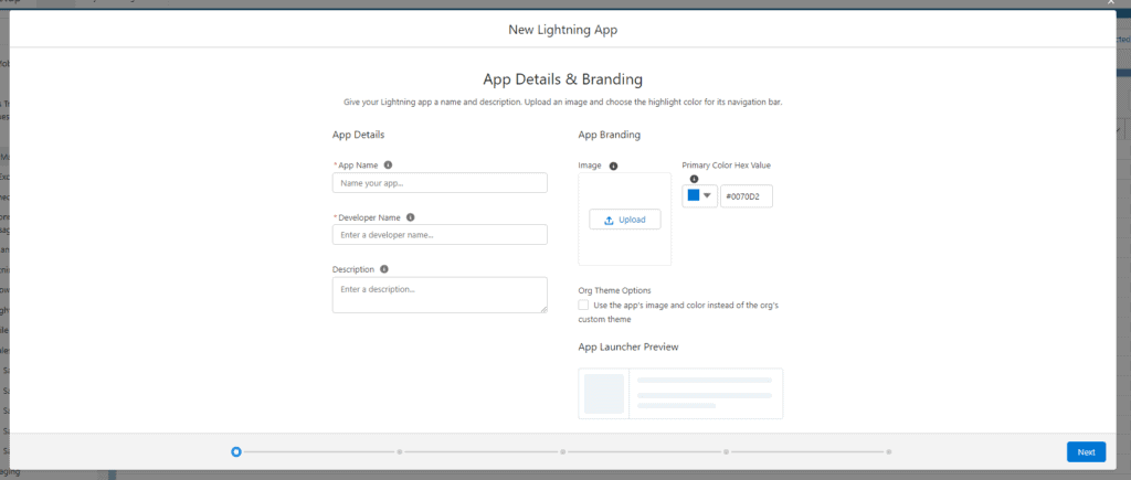 Screenshot of Salesforce 'New Lightnig App' wizard.