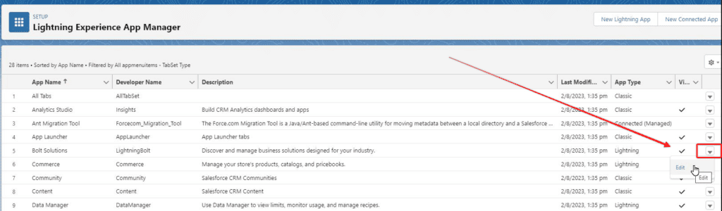 Screenshot of Salesforce App Manager.