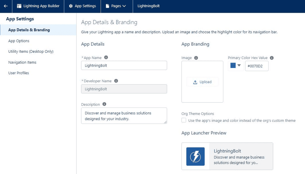 Screenshot of Salesforce Lightnig App Builder App customization screen.