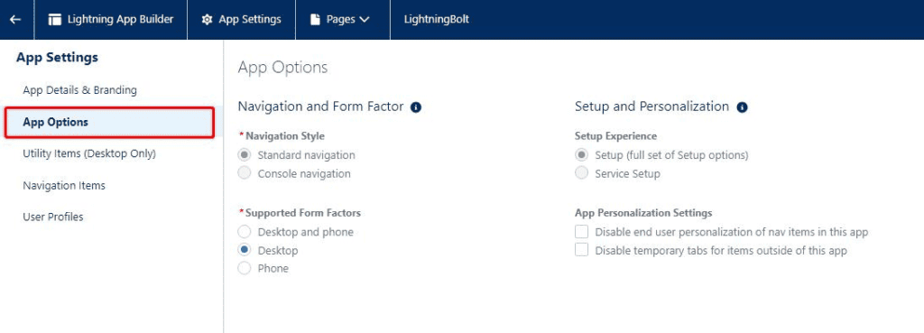 Screenshot fo Salesforce App Configuration Options.