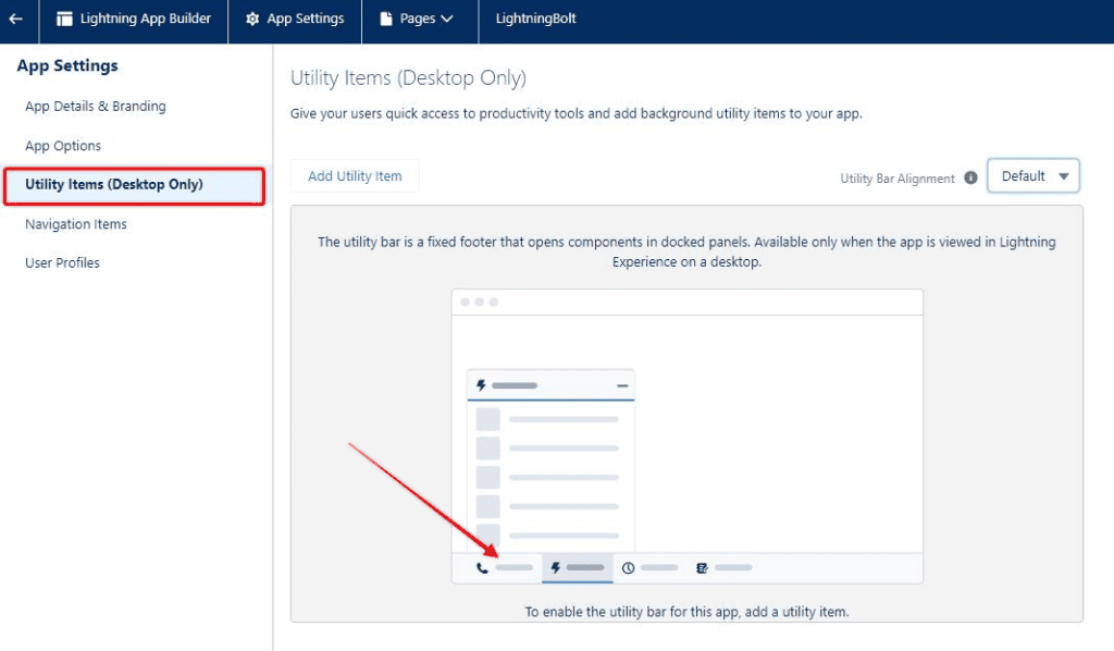 Screenshot of Salesforce App utility item configuration.