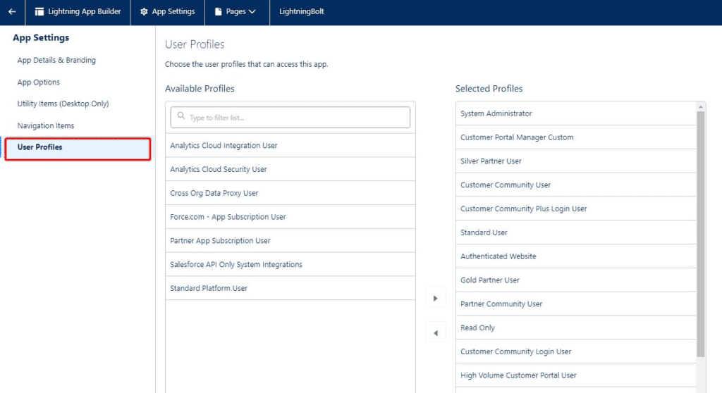 Screenshot of Salesforce App Builder user profile selection screen.