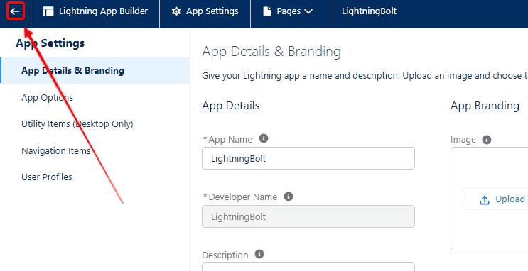 Screenshot of the Salesforce App Builder with the 'back' arrow highlighted.