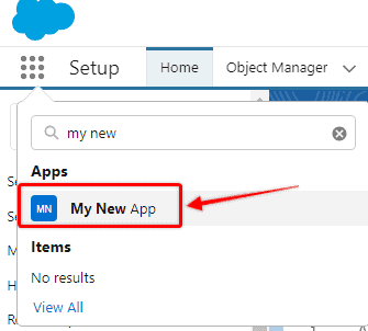 Screenshot of Salesforce app launcher search screen with an app name highlighted.