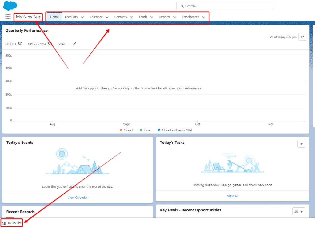 Screenshot of Salesforce app with app name and nvaigation items highlighted. 