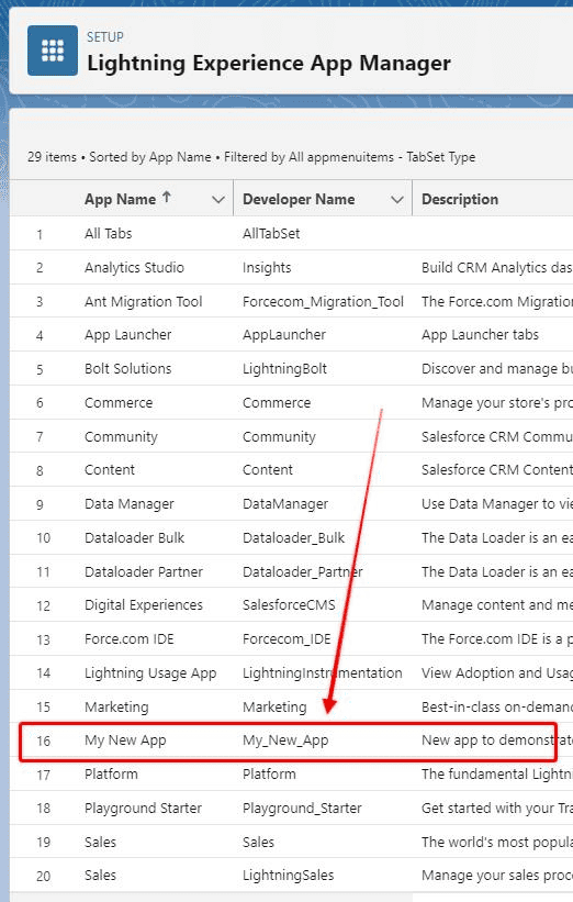 Screenshot of Salesforce Lightning App list with the newly created app highlighted.