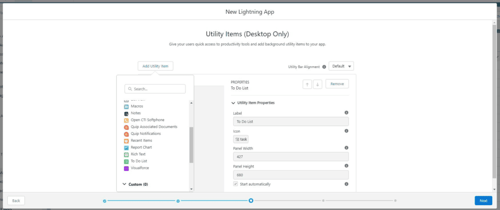 Screenshot of Salesforce utility bar configuration for new Salesforce lightnig app.