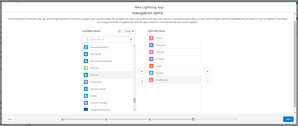 Screenshot of Salesforce App Manager navigation items configuration screen.  