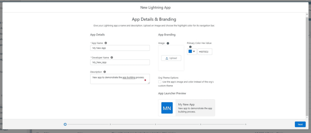 Screenshot of Salesforce App Manager details and branding configuration screen.