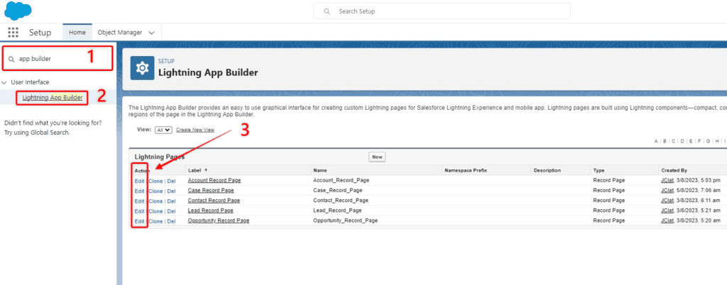 Screenshot of Salesforce  Setup Lightning App Builder app list.