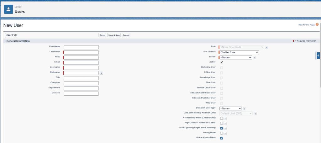 Screenshot of the Salesforce New User screen with fields requiring data.