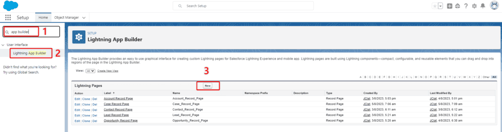 Screenshot of Salesforce Setup Lightning App Builder app list.