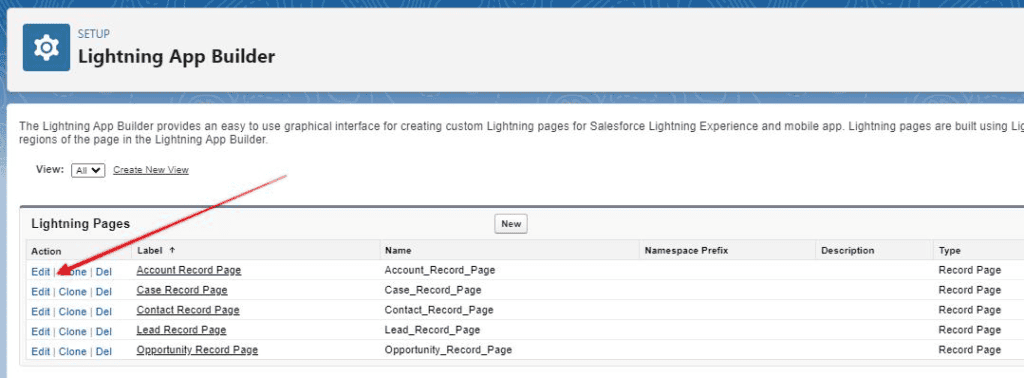 Screenshot of Salesforce Lighting App builder page list with the edit button highlighted. 