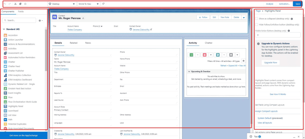 Screenshot of Salesforce lightning page builder.