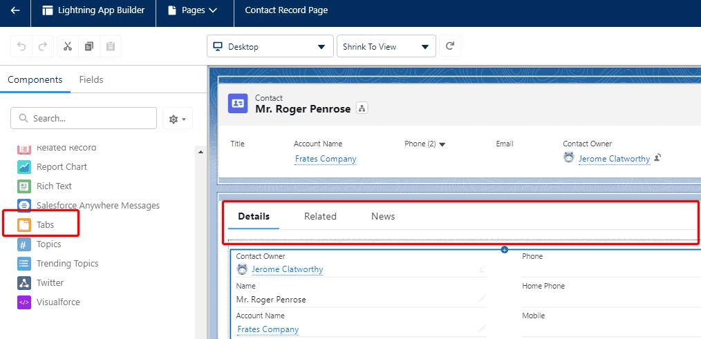 Screenshot of Salesforce Lightning Page with Tabs highlighted.