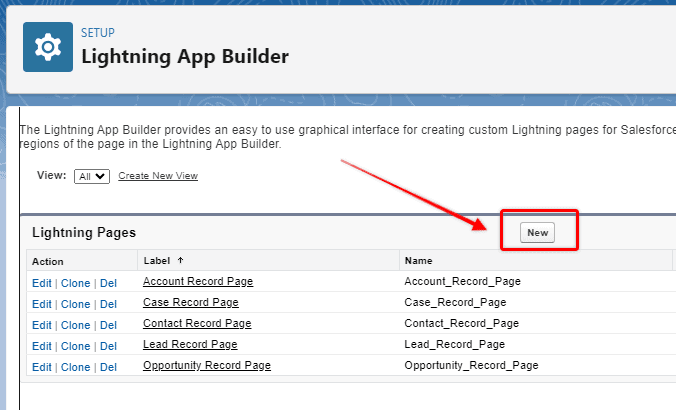 Screenshot of Salesforce Lightning App Builder Page list.