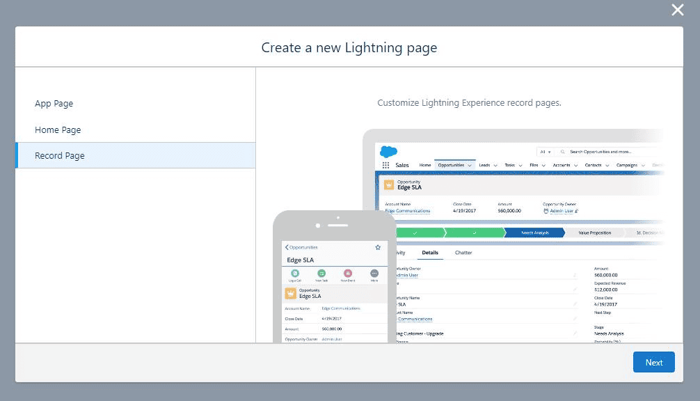 Screenshot of Salesforce Lightning page type selection screen.