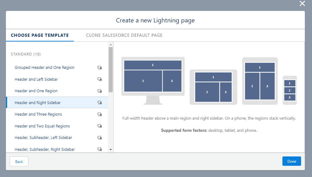 Screenshot of Salesforce lighting page template options.