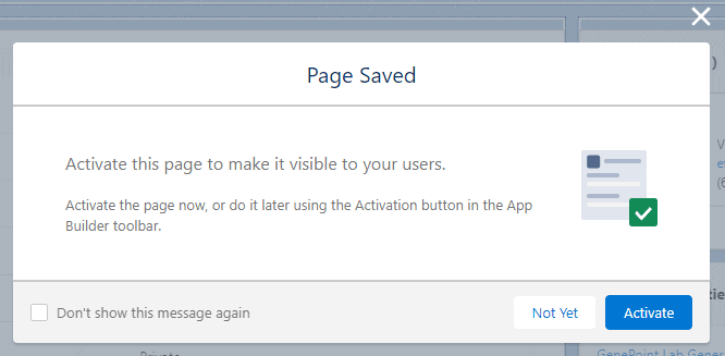 Screenshot of Salesforce 'page saved' confirmation box after completiomn of a new lightning page.