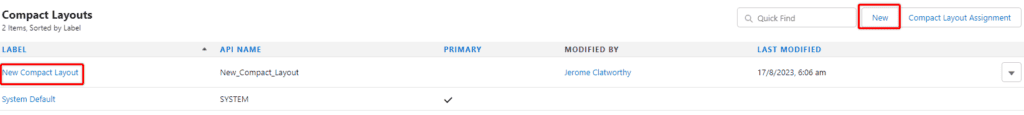 Screenshot of Salesforce Object Manager Compacy Layout screen.
