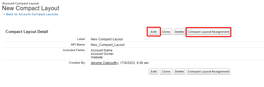 Screenshot of Salesforce Compact Layout detail screen.