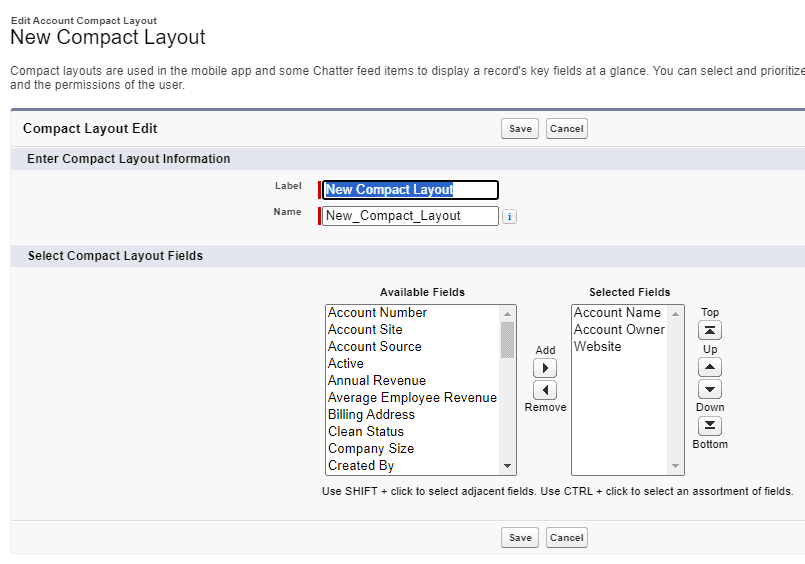 Screenshot of Salesforce Compact Layout detail screen.