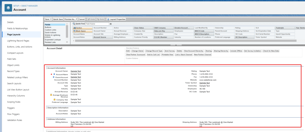 Screenshot of Salesforce Page Layout editor.