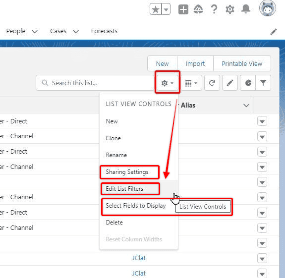 Screenshot of Salesforce List View with the gear icon highlighted.