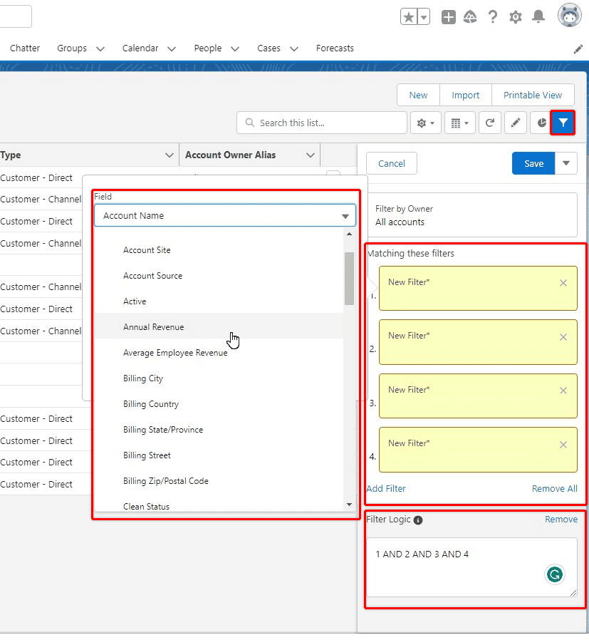 Screenshot of Salesforce list view filtering options. 