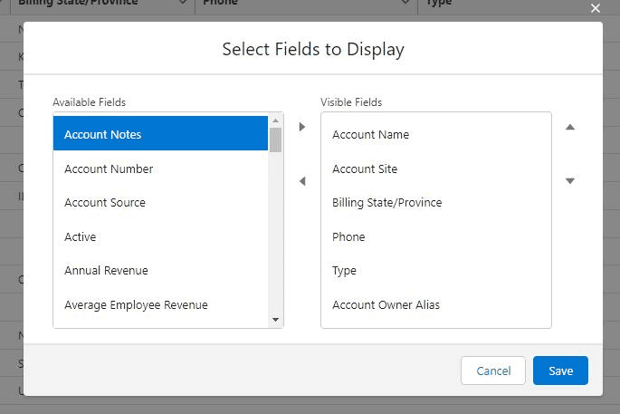 Screenshot of Salesforce llist view fields selection screen.