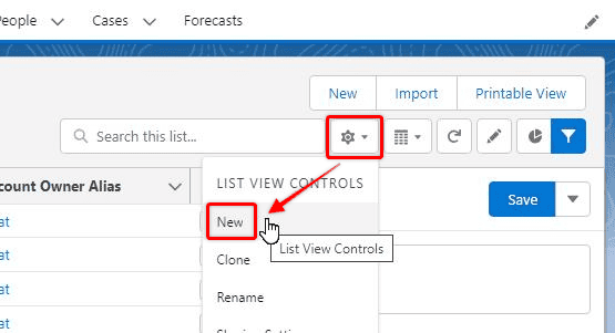 Screenshot of Salesforce List View with the gear icon highlighted.