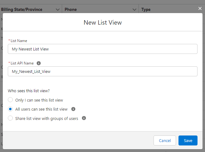 Screenshot of Salesforce 'New List View' configuration screen.