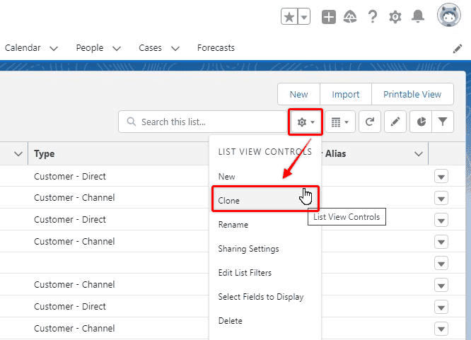 Screenshot of Salesforce List with the gear icon highlighted.