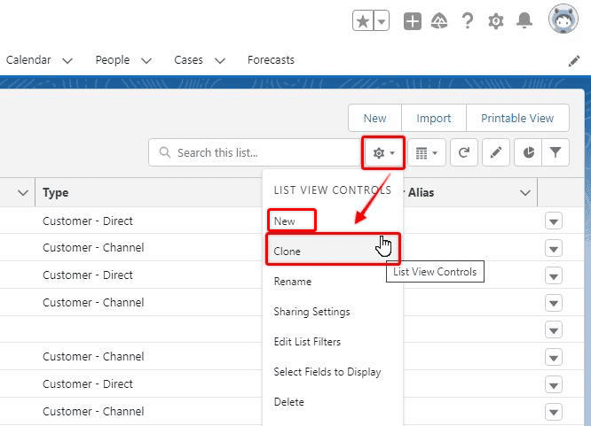 Screenshot of Salesforce List View with the gear icon highlighted.