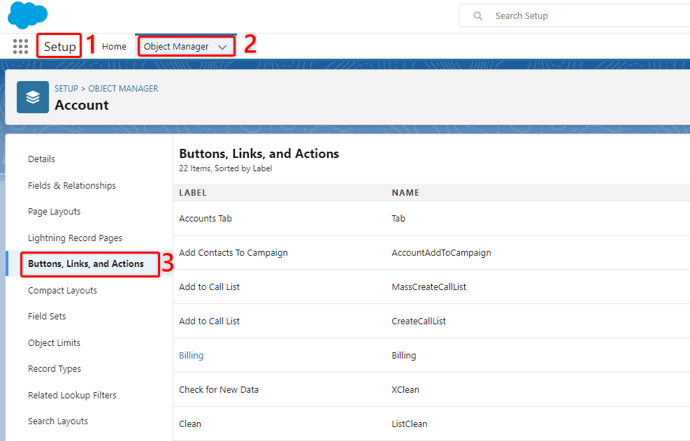 Screenshot of Salesforce Object Manager, with 'Buttons, Links & Actions' menu item highlighted.