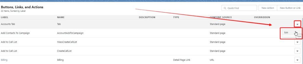 Screenshot of Salesforce Button list in Object Manager.