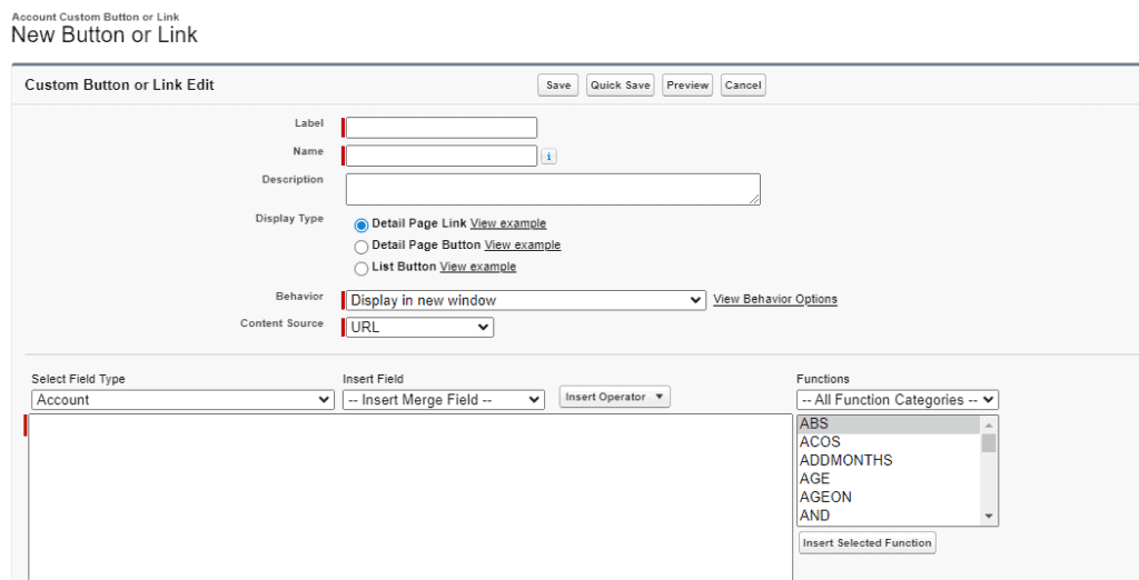 Screenshot of Salesforce 'New Button or Link' setup screen.