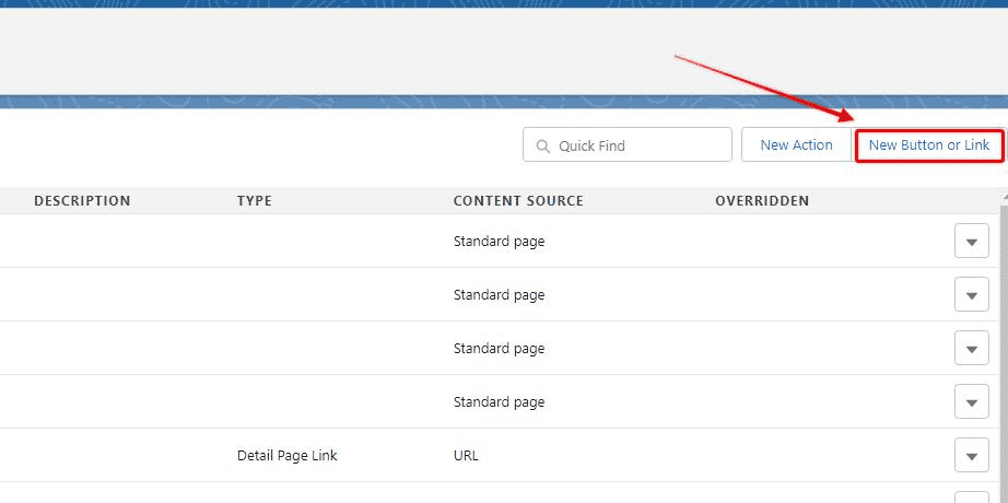 Screenshot of Salesforce Object Manager with 'New Button or Link' button highlighted.