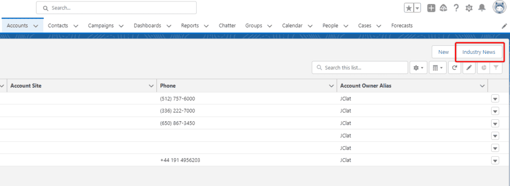 Screenshot of Salesforce List view with button highlghted.