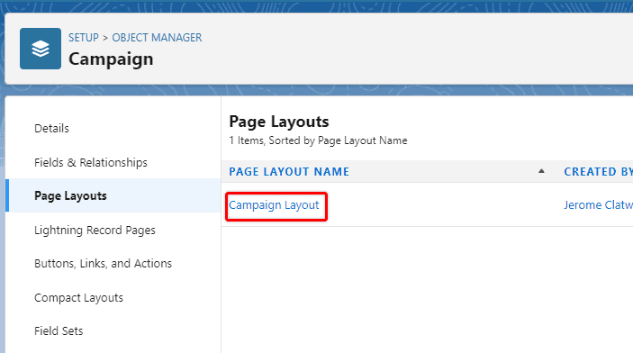 Screenshot of Salesforce Object Manager page layout section.