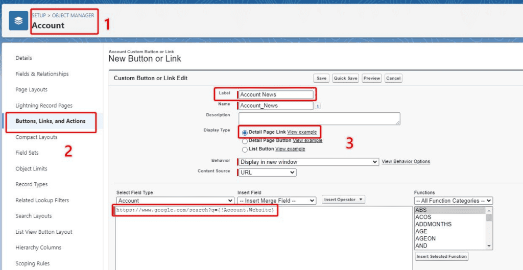 Screenshot of Salesforce Object Manager 'buttons, Links & Actions' screen.