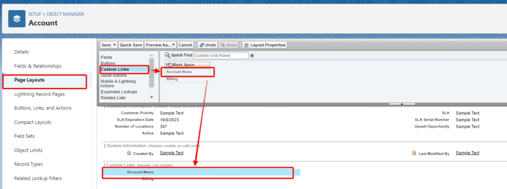 Sreenshot of Salesforce Object Manager 'Page Layout' section.