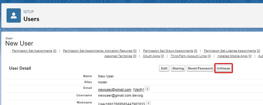 Screenshot of frozen Salesforce user profile with the 'Unfreeze' button highlighted.