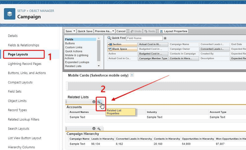 Screenshot of Salesforce Object Manager page layout section.