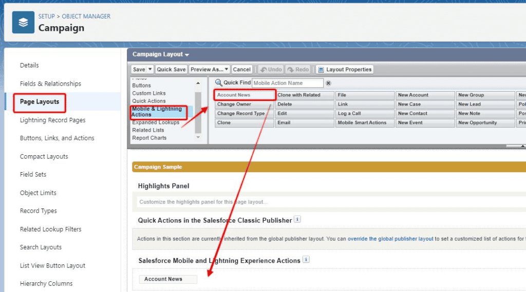 Screenshot of Salesforce Setup Object Manage Page Layout section.
