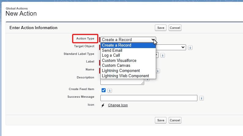Screenshot of Salesforce New Action dialogue box.
